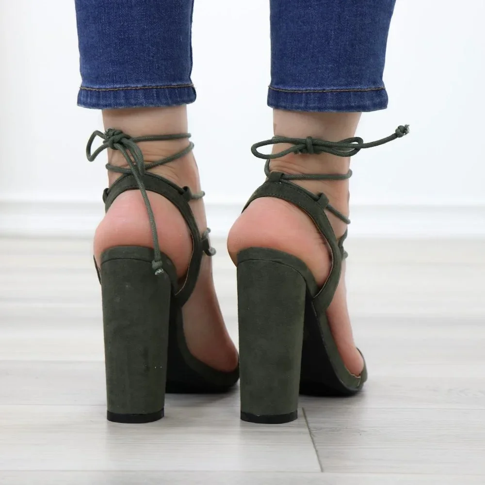 Lace-Up Olive Strappy Glam Suede Open Toe Block High Heel Stiletto Sandals - Picture 3 of 10